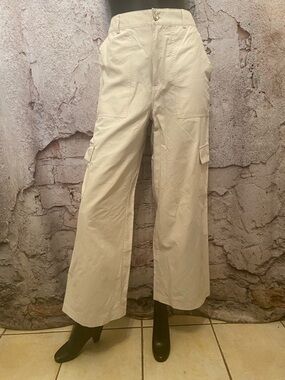 Calvin Klein Ivory Wide Leg Cargo Nylon Pants NEW